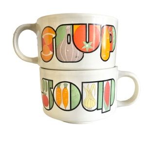 2 Vtg 70s Soup Mugs/Bowls Vegetable Motif Handles